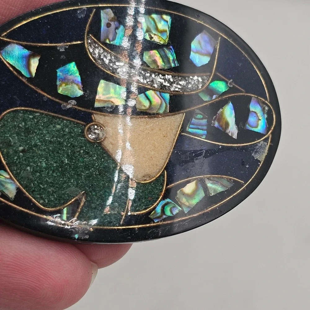 Vintage Abalone Shell Inlay Brooch Pin Set Lady in Hat Silhouette Mosaic Art